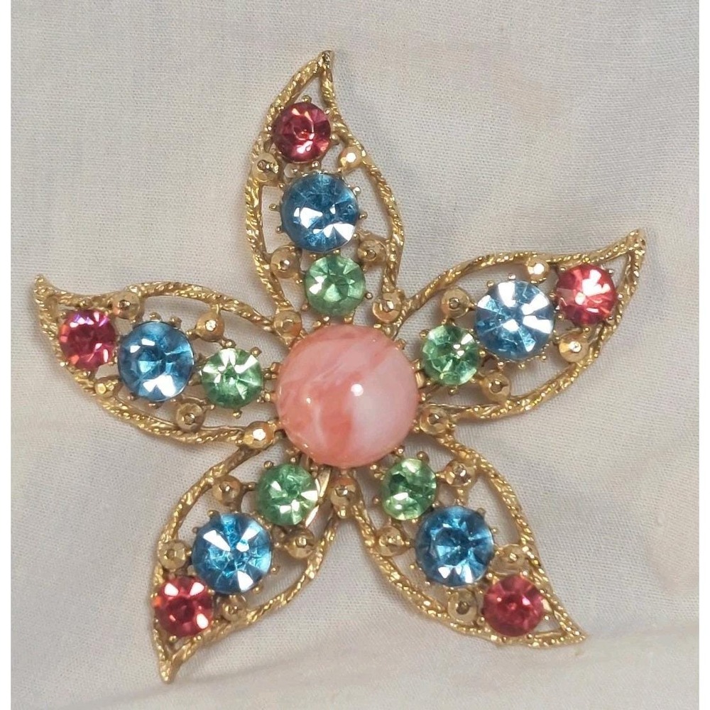 Brooch Signed WEISS Vintage Floral Pink Blue Green Rhinestone Gold Tone Star